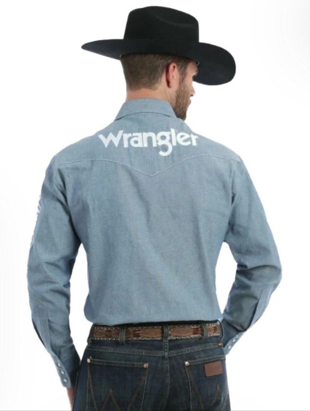 Wrangler Light Blue Long Sleeve Button-Down Western Shirt with Sleeve Logo